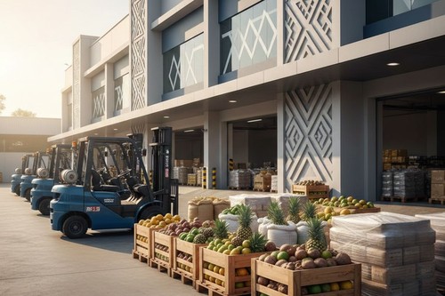 Warehouse exterior with forklifts and crates of produce ready for distribution