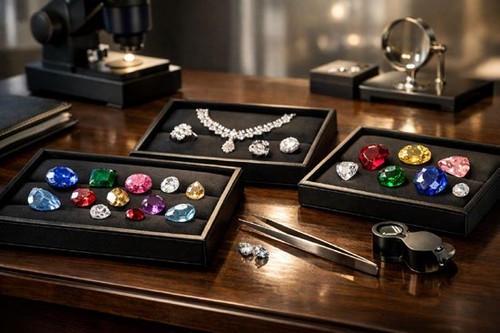 Trays of loose gemstones and a diamond necklace